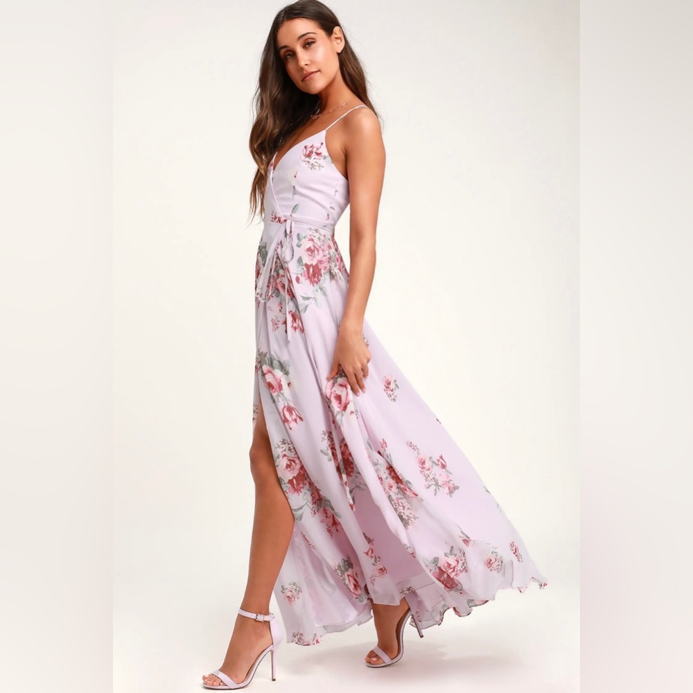 Lulu’s Elegantly Inclined Lavendar Floral Print Wrap Maxi Dress - Picture 3 of 4